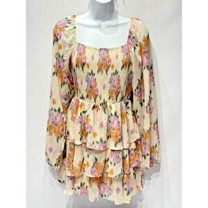 New With Tags ENTRO Smocked Tiered Mini Dress Purple Floral Boho Spring Women M